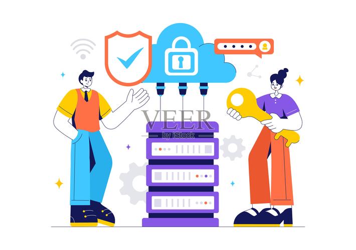 数字云安全矢量插图,展示网络,互联网,托管和备份服务器的安全性和数